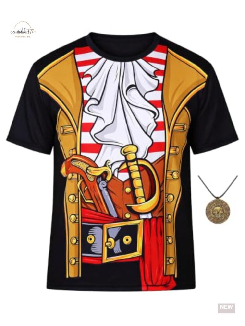 Men's Pirate Costume Shirt 3D Graphic Tee with Skeleton Necklace